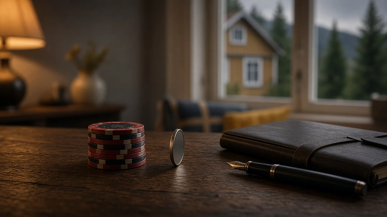 Mörkt casinobord med marker, anteckningsbok och mynt i svenskt ljus